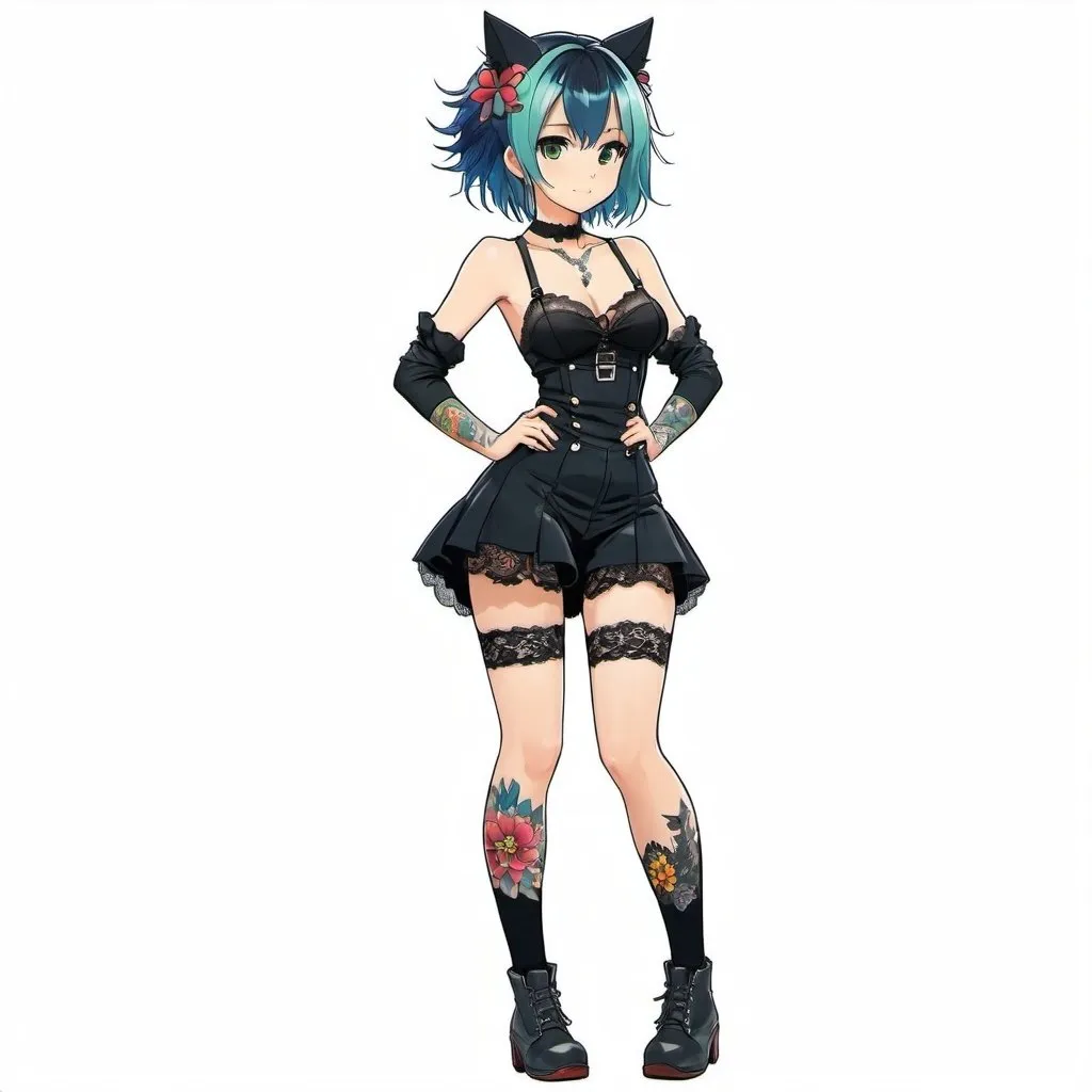 Prompt: 2d studio ghibli anime style, anime scene, cute punk woman,wearing black lace lingerine ,stockings,multicolored hair,dark eyeliner,full body tattooes,cute pose, standing up full body view,white background