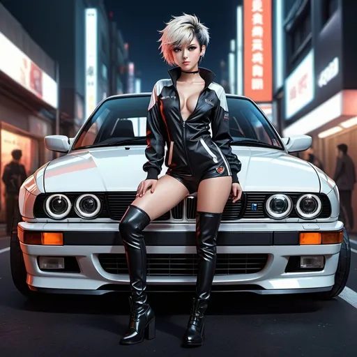 Prompt: Anime illustration of full body shot,low angle, beautiful woman leaning against a white bmw e30 wearing ,high-heels,black boots,detailed,racesuit,pale skin,dark metalhead makeup,short haircut, mohawk,half mohawk,detailed eyes,focused gaze, shy smile,tokyo night setting,neon lights,street view,dark colors,best quality, highres, ultra-detailed, anime, cool tones, detailed hair, futuristic, professional, atmospheric lighting