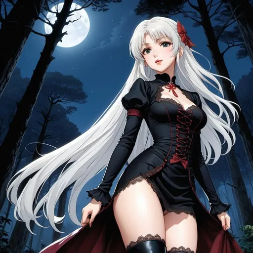 Prompt: 90's anime illustration low-angle; panoramic, zoomed out, full body view of a beautiful Anime illustration beautiful vampire girl wearing thin long detailed lace clothes, thigh-high boots, white hair, sensual, vampire fangs, pale skin,  sneaking up behind a villager girl with brown hair wearing simple peasant dress,embracing her from behind biting her neck,dark creepy forest setting,night full moln,all rendered with (ultra-detailed realism) that emphasizes the (cool tone) of the composition,Anime Key Visual, Japanese Manga, Pixiv, Zerochan, Anime art