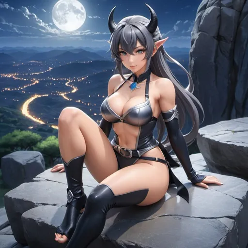 Prompt: full body shot, cinematic shot,birds-eye view,Anime illustration of demon girl sitting down on stone floor,tail,villainess,looking at viewer,facing viewer,legs spread apart,toned,strong,powerful, body,athletic,abs,muscles,detailed,bare feet, belt ,detailed eyes, intense and focused gaze, outdoor setting, moonlight, dark grey colors,best quality, highres, ultra-detailed, anime, cool tones, detailed hair, professional, atmospheric lighting