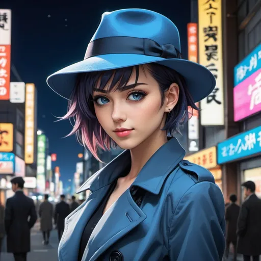 Prompt: An (((Anime illustration))) featuring a (((beautiful woman))), clad in a sophisticated ((blue fedora hat)), (((tailored trenchcoat))), pair of ((matching pants)), all framed against a backdrop of Tokyo's (((night sky))) with its vibrant neon lights and street view, giving off a (professional yet atmospheric) ambiance. The woman exudes a (shy smile) and a focused gaze, with intricate details that draw attention to her (anime-inspired, short haircut mohawk) and half mohawk, complemented by striking, detailed eyes that convey a sense of sophistication and composure