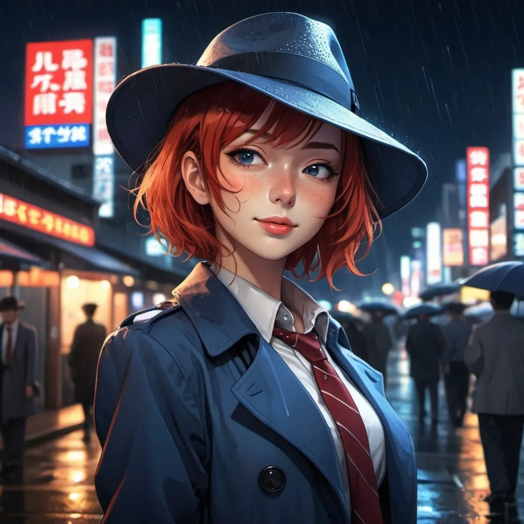 Prompt: Anime illustration of beautiful woman wearing a dark blue fedora tipping her hat and winks,trenchcoat,shirt,tie,detailed,red hair,freckles,short haircut, detailed eyes,cheerful gaze, tokyo night setting,Rain,neon lights,street view,dark colors,best quality, highres, ultra-detailed, anime, cool tones, detailed hair, futuristic, professional, atmospheric lighting