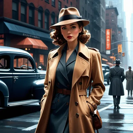 Prompt: Anime illustration 1940s Female detective,fedora,trenchcoat,standing in new york street,film noir, dark colors,best quality, highres, ultra-detailed, anime, cool tones, detailed hair, futuristic, professional, atmospheric lighting