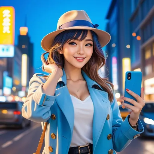 Prompt: Anime illustration of a young, attractive woman,wearing s blue fedora,matching trenchcoat taking a selfie,cute pose,victory sign,winking,tounge stickning out,brightly lit road, colorful city lights, happy and cheerful, vibrant, detailed hair and outfit, high quality, anime, colorful, cheerful, urban setting, detailed character design, professional, atmospheric lighting