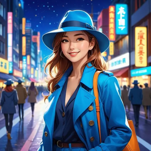 Prompt: Anime illustration of a young, attractive woman,wearing s blue fedora,matching trenchcoat, brightly lit road, colorful city lights, happy and cheerful, vibrant, detailed hair and outfit, high quality, anime, colorful, cheerful, urban setting, detailed character design, professional, atmospheric lighting