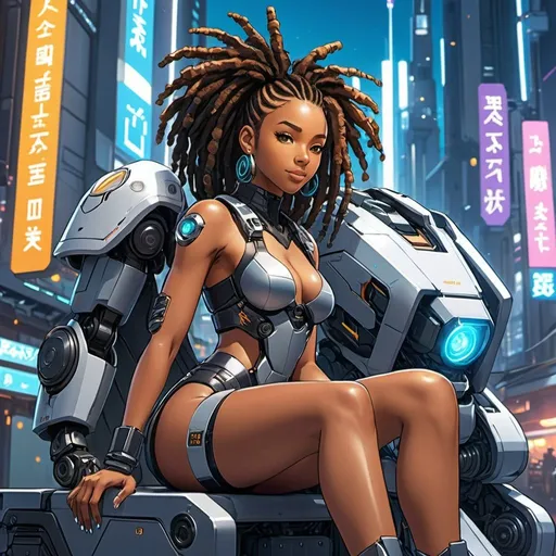 Prompt: Anime illustration of a young, attractive black woman,dreadlocks,amazonian body,wearing futuristic clothes sitting next to robot holding her,mechsuit, dystopian megatokyo setting, night, vibrant, detailed hair and outfit, high quality, anime, colorful, cheerful, urban setting, detailed character design, professional, atmospheric lighting