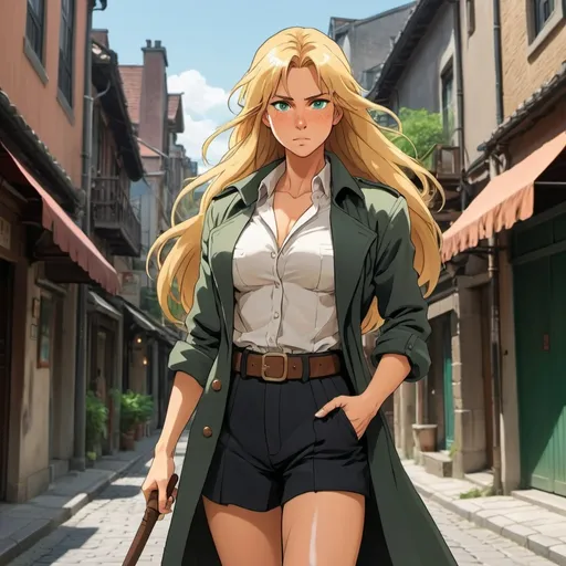 Prompt: 2d studio ghibli anime style,strong female amazon warrior princess, smug countenance, long gold blonde hair, deeply tan, sunburnt skin with freckles, shimmering green eyes, tall, muscular physique, wearing a weathered black trenchcoat , unbuttoned white blouse,standing prodly in old town street,anime scene