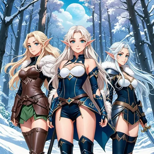 Prompt: 90's anime illustration low-angle; panoramic, zoomed out, full body looking back at camera, from behind, bent over,view anime,open wavy hair, white hair, icy blue eyes, braids, 3 women an elf woman in elven armour, thigh-high boots, a human witch and a amazon warrior,cute aesthetic, dark eyeliner, tinted rosy lips, moonlit enchanted winter forest,snowfall,Anime Key Visual, Japanese Manga, Pixiv, Zerochan, Anime art