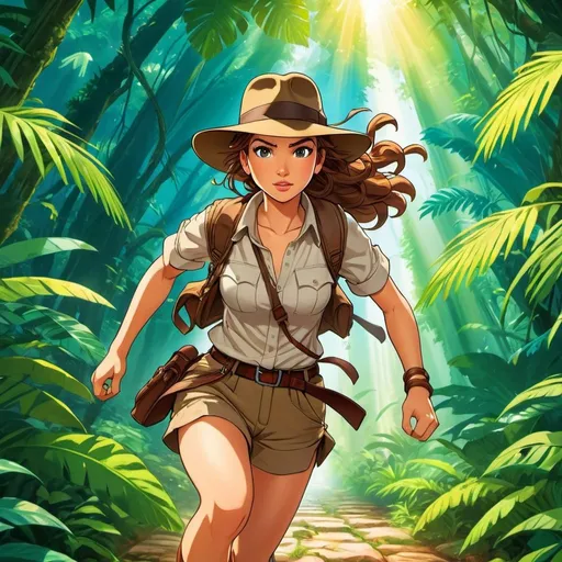 Prompt: Anime illustration of a young beautiful female adventurer Indiana jones running from danger, determined and focused, vibrant, detailed hair and outfit, high quality, anime, colorful, cheerful, jungle temple, detailed character design, professional, atmospheric lighting