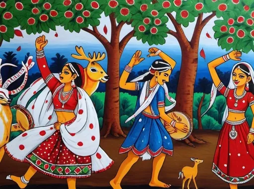 Prompt: two young man having thin moustache wearing blue kurta with red printed jacket white safa in their head and Dancing by playing dholak with two young girls wearing red madhubani traditional dress dancing and one white dotted golden deer watching them in their background two brown tree with green leaves look alike painting