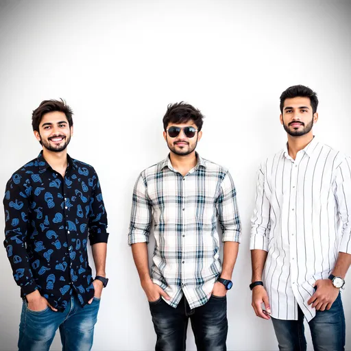 Prompt: Three young men stand confidently against a plain white wall, each showcasing a distinct style. On the left, a man with a patterned black shirt, featuring blue abstract designs, smiles warmly, his hair styled casually and a small beard framing his face. The central figure, wearing sunglasses, exudes a cool demeanor in a light plaid shirt, straight posture, and slightly serious expression. The man on the right sports a white striped shirt, his expression more neutral, and he wears a watch, contributing to an overall polished look. They stand shoulder to shoulder, with casual jeans and complementary footwear, presenting a relaxed yet fashion-conscious vibe, set against a well-lit, neutral background that emphasizes their outfits and poses.