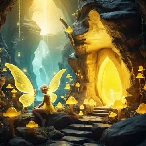 Prompt: yellow glowing stone fantasy world with pixie fairies 