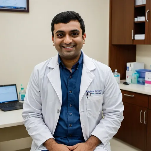 Prompt: Dr. Vaibhav Yeokar sitting in his clinic chamber smiling cutely at camera
