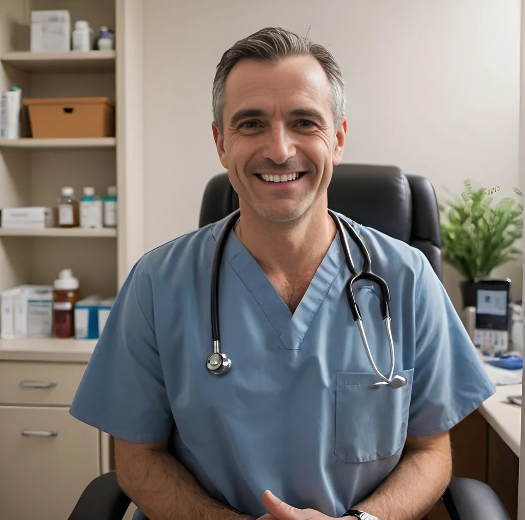 Prompt: Doctor smiling in his clinic chamber