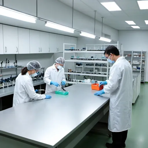 Prompt: There are two persons in Packaging Laboratorium who are working in front of high and wide table with less instrument.