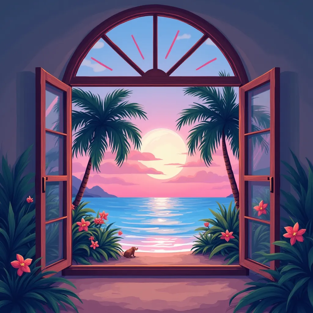 Prompt: Looking out from a beautiful window with a semicircle on top viewing on a Tropical island with palmtrees full of coconuts, flowers, little animals and a big moon dropping over the sea with the light pink evening sunset light. Illustrator, Flat 2D illustration, Ipad drawing
