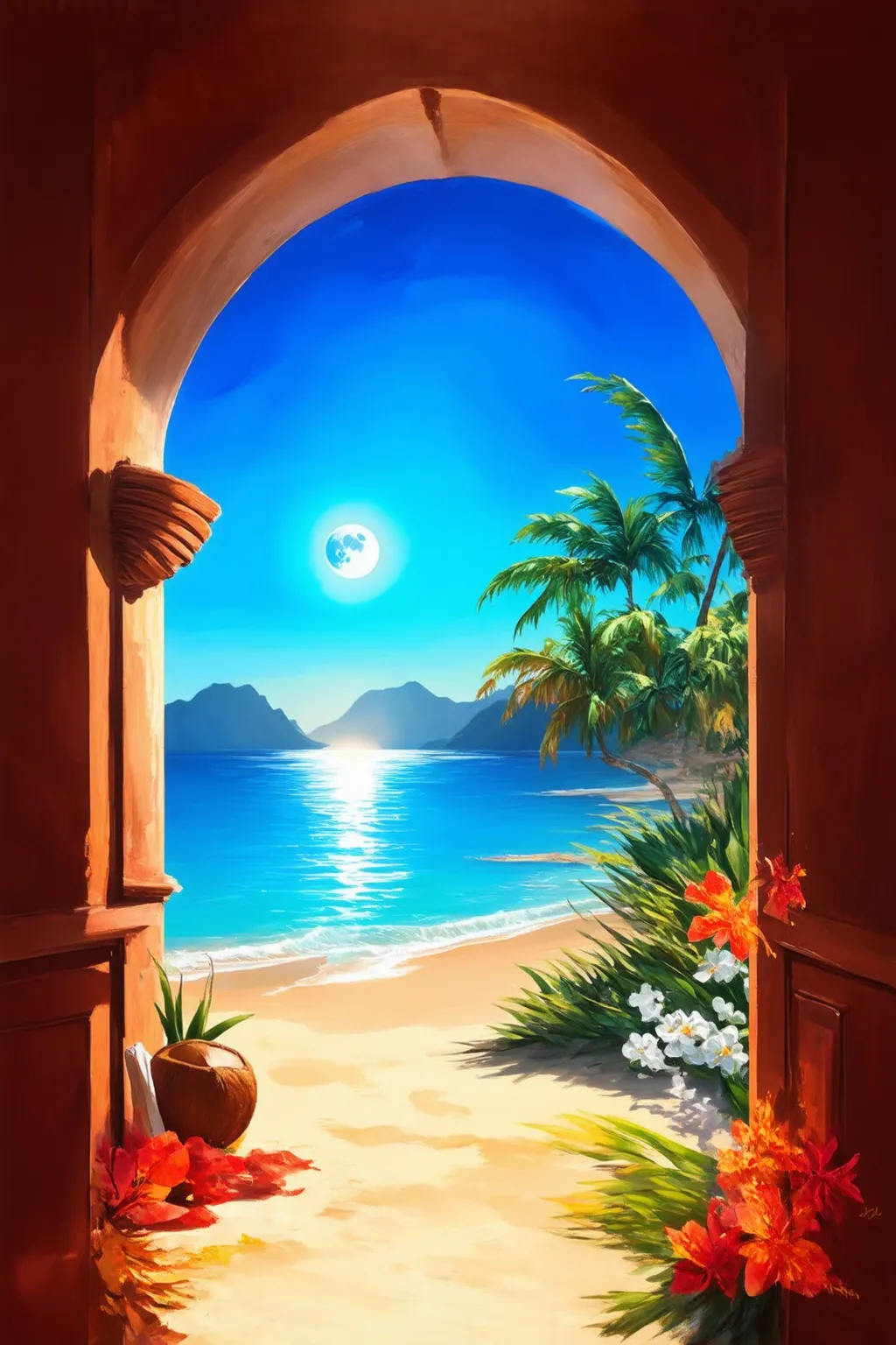 Prompt: A painting of: looking out from a half circle shaped door on a beautiful view on the ocean with the just arriving moon shining above the sea. There are some mountains in the distance and the beach is full with coconut trees and flowers. Acrylic painting, brush strokes , thick lines, flat icon, 2d. Moroccan& bohemian style. 