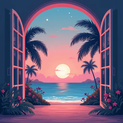Prompt: Looking out from a beautiful window with a semicircle on top viewing on a Tropical island with palmtrees full of coconuts, flowers, little animals and a big moon dropping over the sea with the light pink evening sunset light. Illustrator, Flat 2D illustration, Ipad drawing
