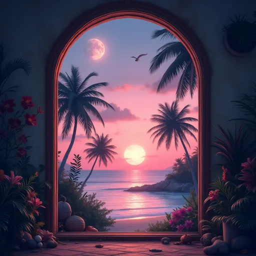 Prompt: Looking out from a beautiful window with a semicircle on top viewing on a Tropical island with palmtrees full of coconuts, flowers, little animals and a big moon dropping over the sea with the light pink evening sunset light 
