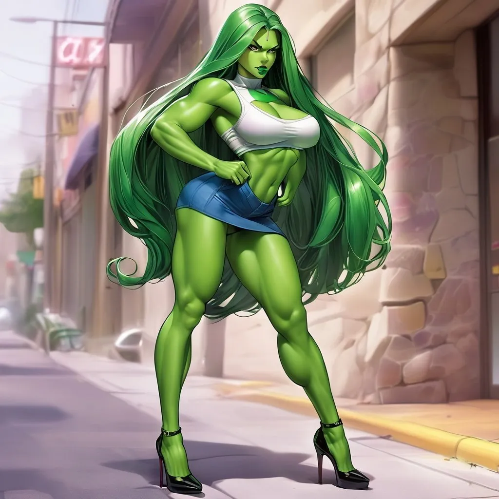 Prompt: She Hulk,miniskirt, high heels, green skin, curvy and muscular, long green hair