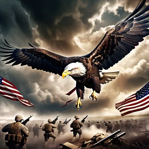 Prompt: Bald eagle soaring majestically, (distressed American flag grasped in talons), US soldiers on a battlefield below, dramatic clouds swirling overhead, high tension atmosphere, earthy tones with rich contrasts, (48 stars), intense expression on eagle's face, sunlight piercing through clouds, (4K, ultra-detailed), powerful symbolism of freedom and sacrifice.