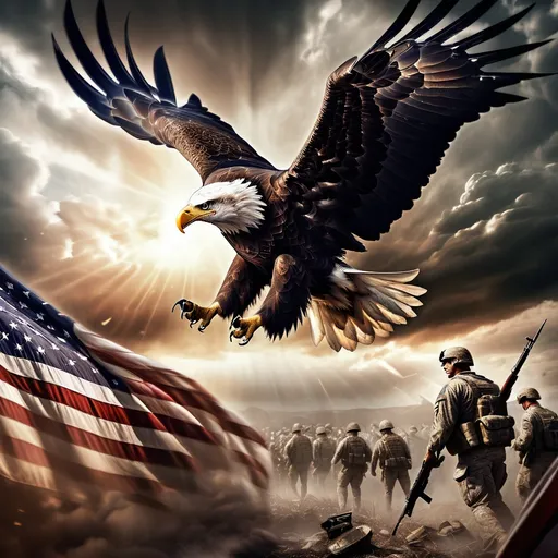 Prompt: Bald eagle soaring majestically, (distressed American flag grasped in talons), US soldiers on a battlefield below, dramatic clouds swirling overhead, high tension atmosphere, earthy tones with rich contrasts, (48 stars), intense expression on eagle's face, sunlight piercing through clouds, (4K, ultra-detailed), powerful symbolism of freedom and sacrifice.