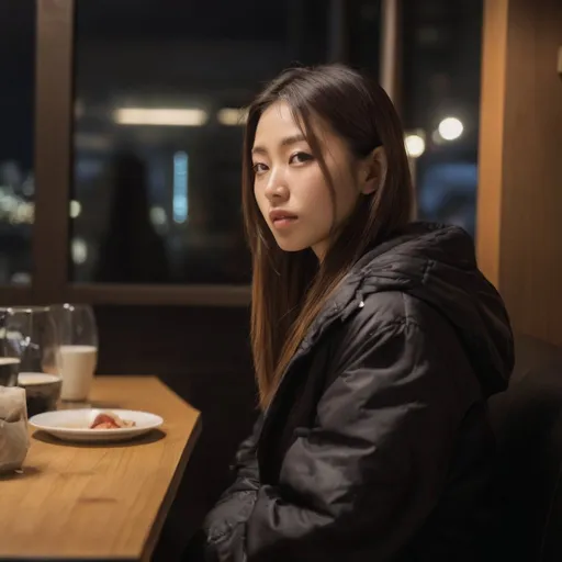 Prompt: A japanese woman with very long and straight hair, side profile, dark tanned-skin, she is sitting in a busy restaurant in tokyo at night, eating sushi, wearing a black puffer jacket written ‘Miu Miu’’, black cropped under, full Body, photorealistic, 8k uhd, high quality, (high detailed skin:1.2), soft lighting