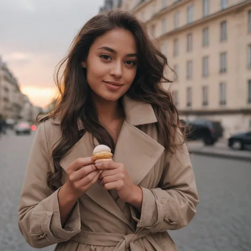 Prompt: A brunette girl, 28 years, dark tanned skin, really long and wavy hair, in Paris eating a macaroon during sunset, wearing a thick and oversized trench coat