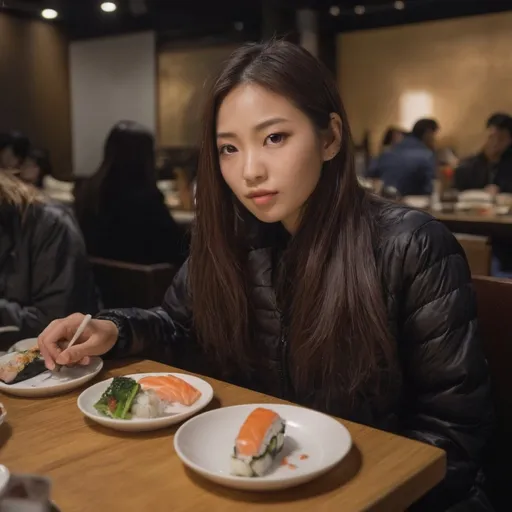 Prompt: A japanese woman with very long and straight hair, looking to her food, dark tanned-skin, she is sitting in a busy restaurant in tokyo at night, eating sushi, wearing a black puffer jacket written ‘Miu Miu’’, black cropped under, full Body, photorealistic, 8k uhd, high quality, (high detailed skin:1.2), soft lighting
