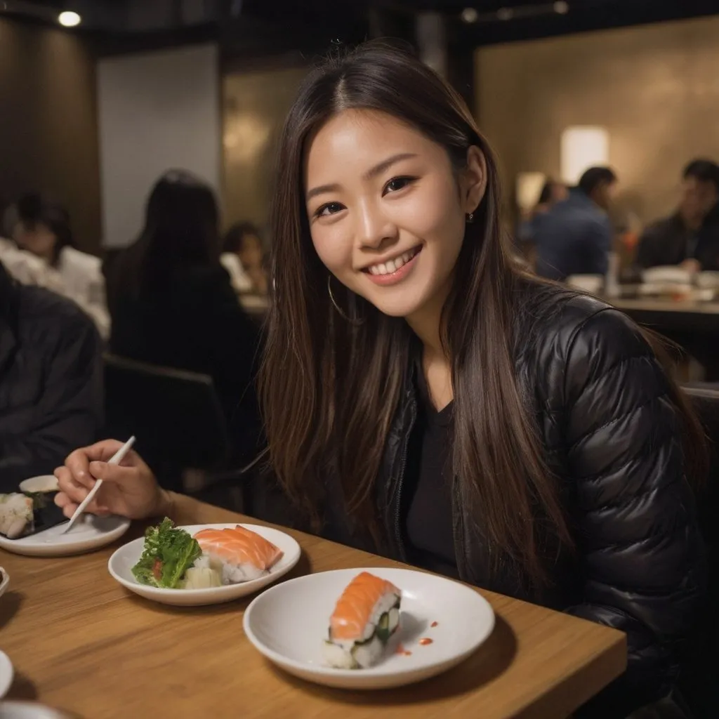 Prompt: A japanese woman with very long and straight hair, smiling looking at her food, dark tanned-skin, she is sitting in a busy restaurant in tokyo at night, eating sushi, wearing a black puffer jacket written ‘Miu Miu’’, black cropped under, full Body, photorealistic, 8k uhd, high quality, (high detailed skin:1.2), soft lighting