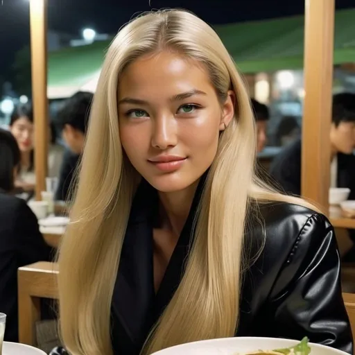 Prompt: A blonde woman with very long and straight hair, light green eyes, smiling, dark tanned-skin, she is sitting in a busy restaurant in Seoul at night, eating Korean food, wearing a black puffer jacket written ‘Miu Miu’’, Miu Miu, black cropped under, full Body, photorealistic, 8k uhd, high quality, (high detailed skin:1.2), soft lighting