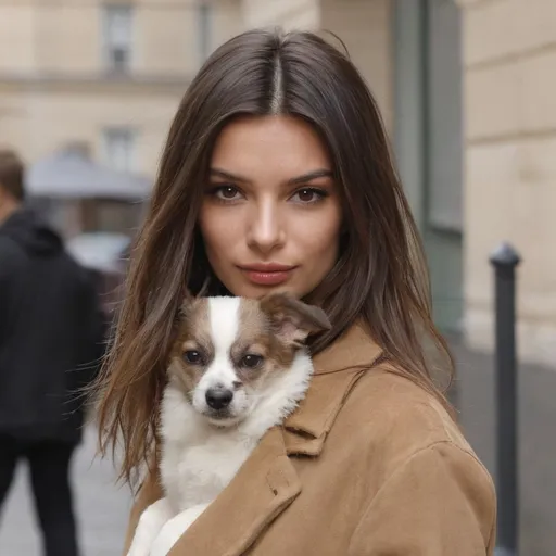 Prompt: Emily Ratajkowski, 28 years old, and upturned and think nose, having a walk with her dog in Paris. 