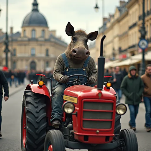 Prompt: Un phacochère avec une salopette de travail conduit un tracteur dans Paris. Il parle italien et demande aux gens devant lui de se pousser.
