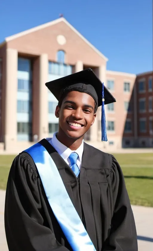 Prompt: a portrait picture of a Graduation student smiling with the blue sky and a college building as a background
