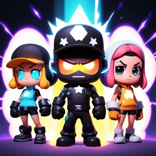 Prompt: brawl star characters Buster, frank and rosa side by side kind of looking anime like with an white electric aura coming out of them whilst the background is a brawl stars background with a cool toned glow to match the main colors, its hard to see their faces because darkness covers it giving them a mysterious theme
