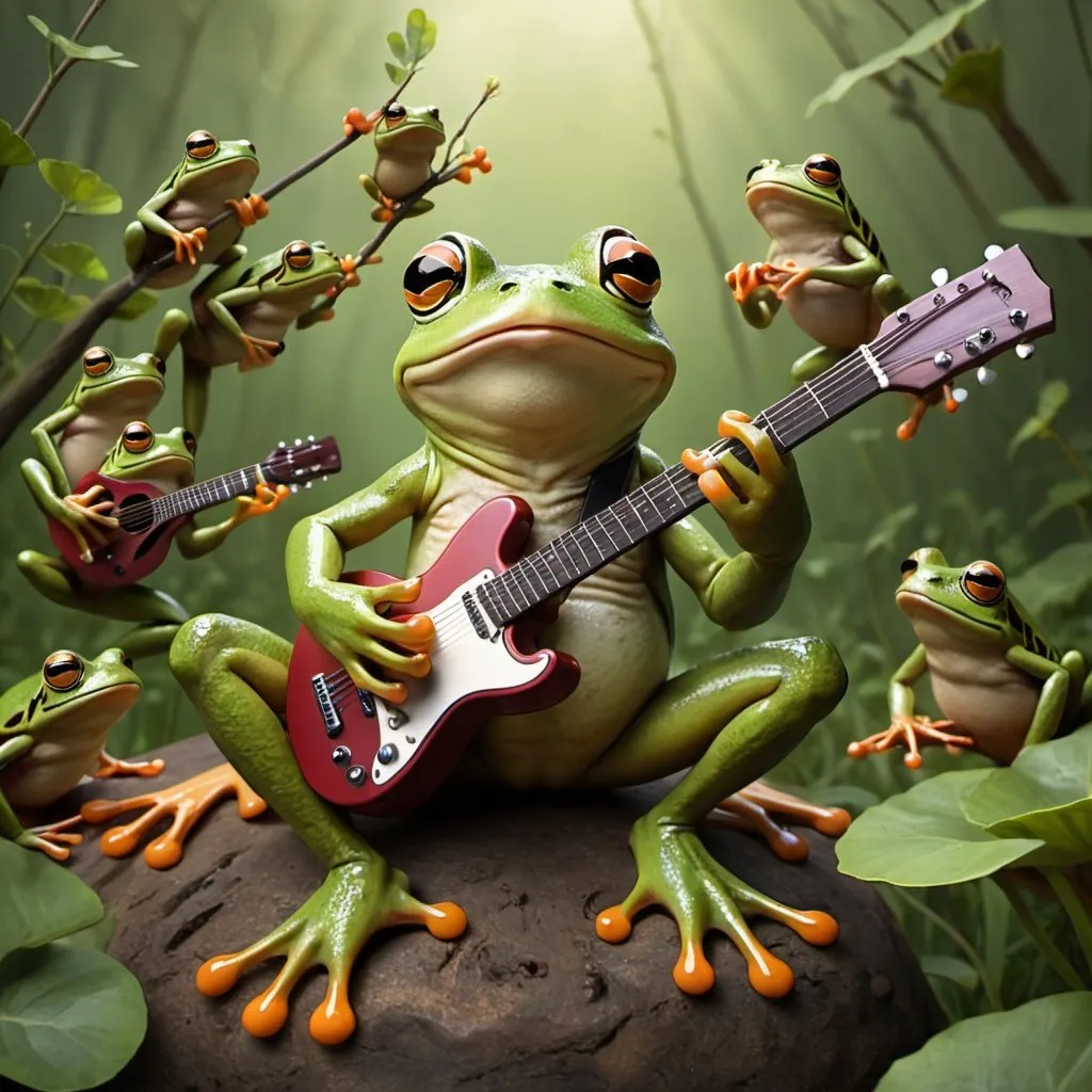 Prompt: Frog in swarm playing guitar 