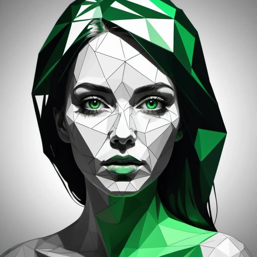 Prompt: Silhouette of a polygonal monochrome woman's face, only the green eyes are shown realistically and in detail.4k, transparent white crystal, artistic, impressive, beautiful, polygonal design, high contrast, detailed lines, distinctive shadows, modern art, minimalist style