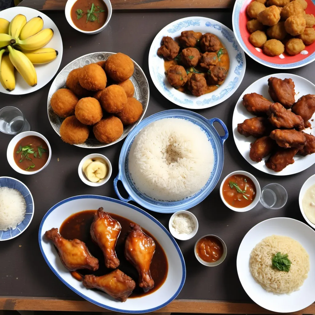 Prompt: african food table, cooking, kelewele, rice balls, crispy chicken wings, bakkeljauwstew, banana
