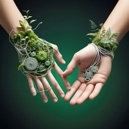 Prompt: A close-up of two hands shaking: one hand made of plants, algae, and water elements, and the other made of gears, wires, and digital lines, symbolizing the union of natural resources and innovative technology in the creation of bio-products.