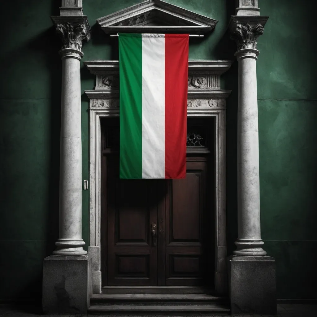 Prompt: Generate a dark-themed artistic image featuring the Flag of Italy, where the green, white, and red colors fill the entire photo. The design should creatively blend the traditional elements of the Italian flag (vertical green, white, and red stripes) with a mysterious and moody atmosphere. The dark theme could include elements such as shadowy backgrounds, subtle eerie lighting, or gothic influences. The final image should be visually striking, evoking a sense of depth and intrigue, while maintaining respect for the flag's symbolic significance.