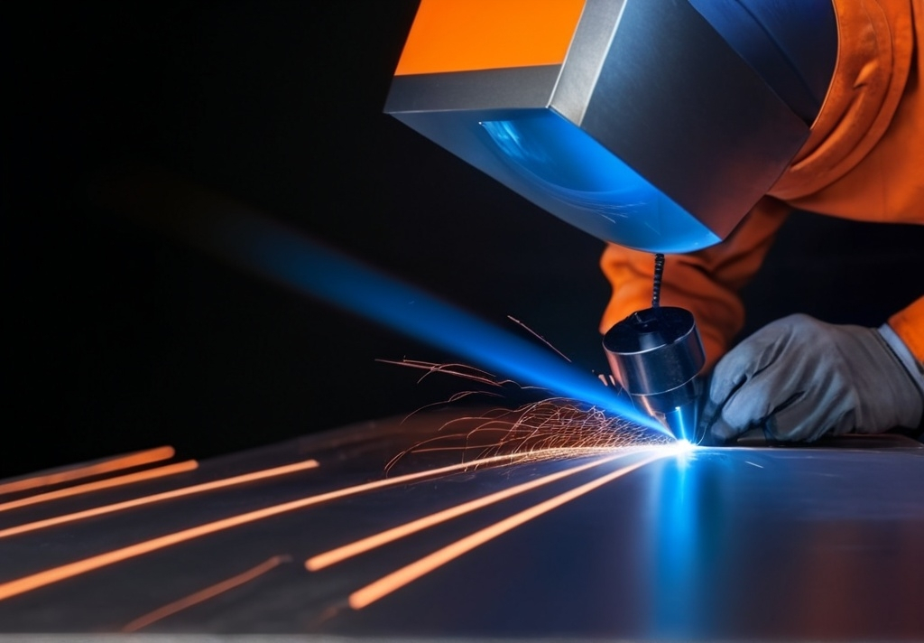 Prompt: Could you create an image for the www banner purpose for the project that deals with laser welding safety? Please don't use any text in the image, and forget the safety.  Color of laser beam must be blue.
Safety must be included. Use Style preference image but change color of beam to blue. BLUE BEAM