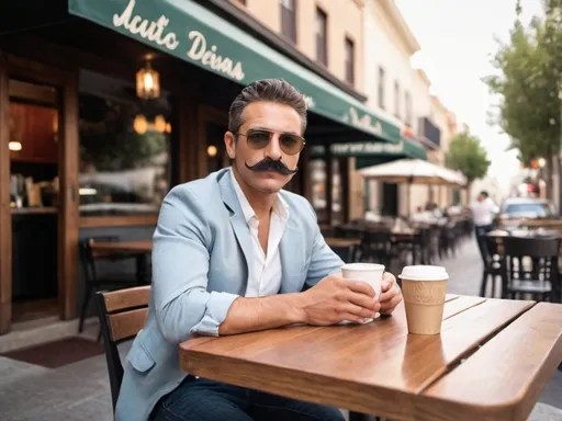 Prompt: a man with a mustache and sunglasses sitting at a table outside a restaurant with a cup of coffee in front of him, Anthony Devas, private press, olive skin, a stock photo