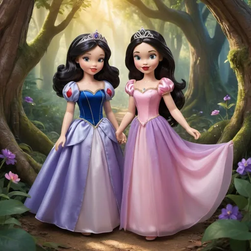 Prompt: Create a magical forest scene featuring two princesses inspired by Snow White and Sofia. One princess has fair skin, dark hair, and a gentle, kind expression. She's wearing a beautiful gown in shades of blue and yellow, reminiscent of a classic fairy tale. The other princess is younger, with a cheerful smile, wearing a purple and pink dress adorned with sparkling jewels. They are standing together in a lush, enchanted forest, surrounded by tall, ancient trees, glowing flowers, and a soft, golden light filtering through the leaves. The atmosphere should feel warm, inviting, and full of fairy tale wonder.

