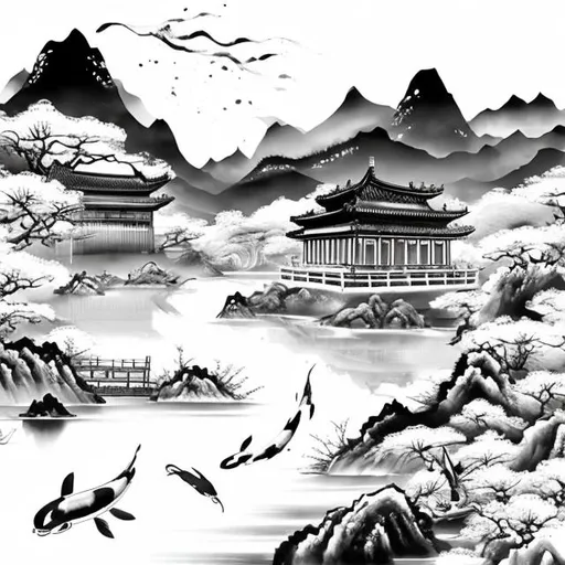 Prompt: Chinese watercolour, Temple, black and white, mountains, beautiful lake, full with koi, crystals, smooth
