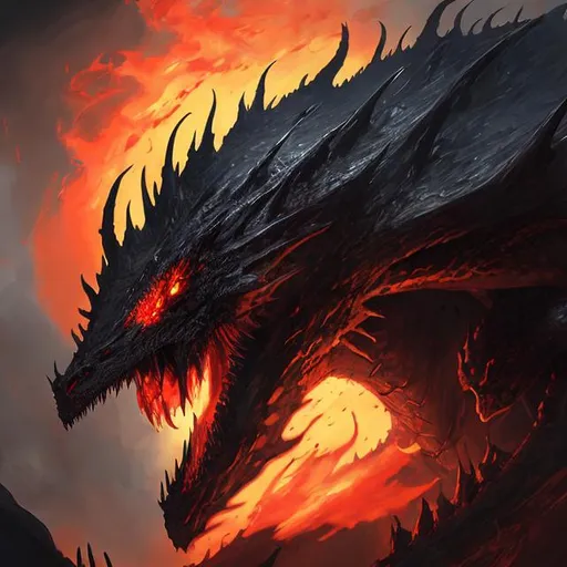 Prompt: gigantic black dread dragon with red eyes and flames in keith parkinson art style