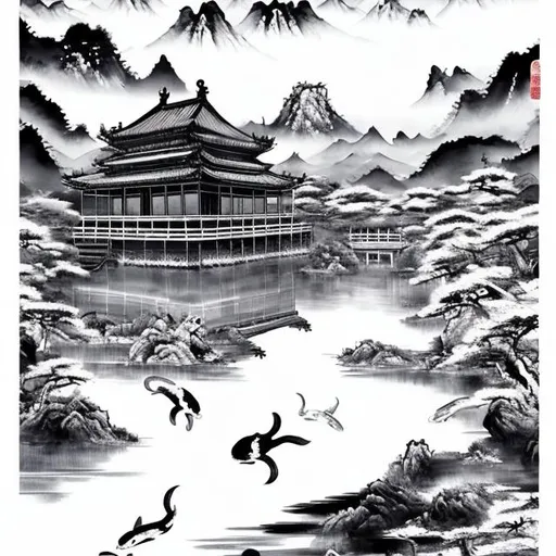 Prompt: Chinese watercolour, Temple, black and white, mountains, beautiful lake, full with koi, crystals