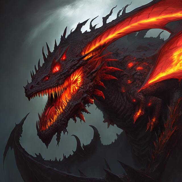 Prompt: gigantic black dread dragon with red eyes and flames in keith parkinson art style