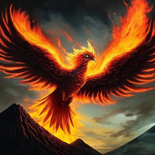 Prompt: Phoenix rising out of the ash of a volcano