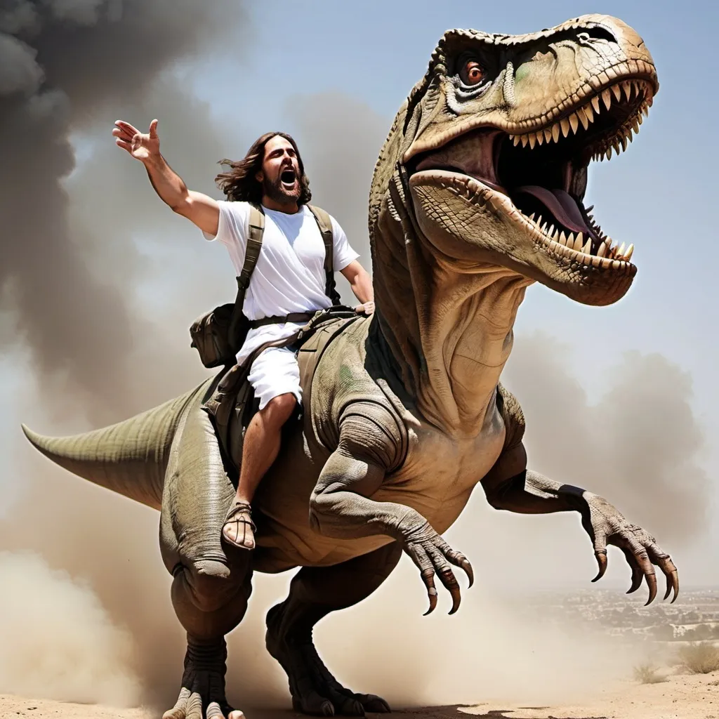 Prompt: jesus ride a t-rex protecting israel while hamas is run with afraid face