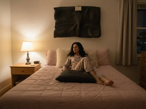 Prompt: „Fotorealistyczny obraz eleganckiej kobiety siedzącej wygodnie na starannie wykonanym łóżku, opierającej się o cylindryczną poduszkę z czarnej skóry, otoczonej miękkimi różowymi i kwiatowymi poduszkami dekoracyjnymi, pikowaną beżową pościelą, ciepłą świecącą lampą stołową na drewnianej szafce nocnej, przytulną sypialnią z beżowymi ścianami, oknem z zasłonami widocznymi w tle, wieczorne oświetlenie, spokojna i intymna atmosfera, wysokiej jakości styl fotografii, miękkie naturalne kolory"